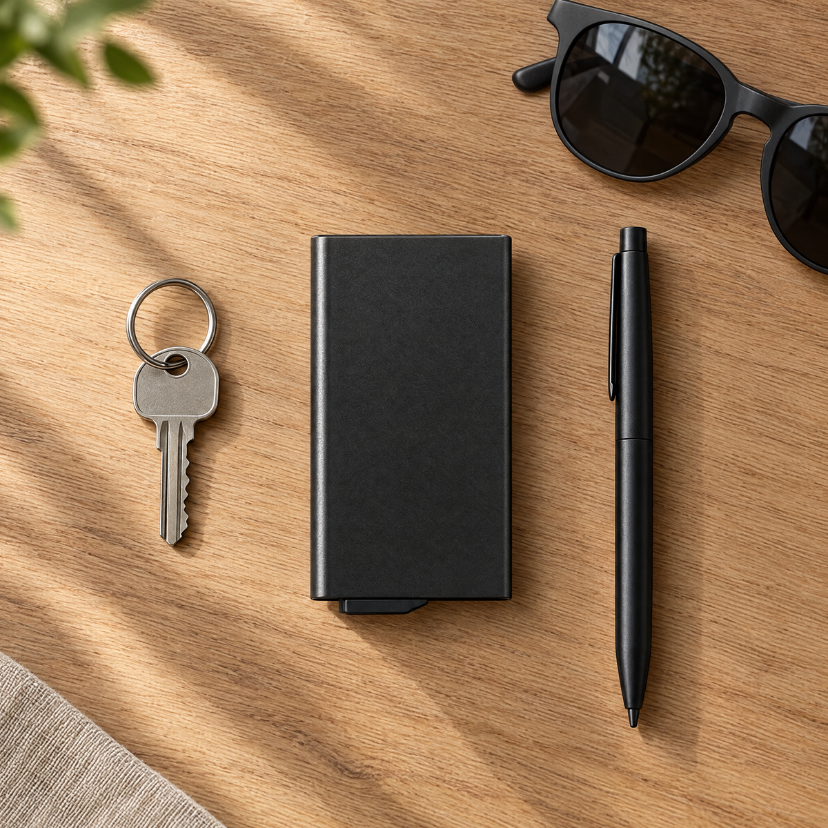KEEL CARRY Core pop-up card wallet in an everyday flat lay.