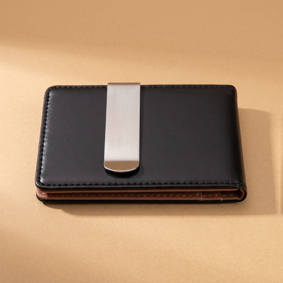 Slim Faux Leather Bifold with Money Clip, Black with brown interior, closed