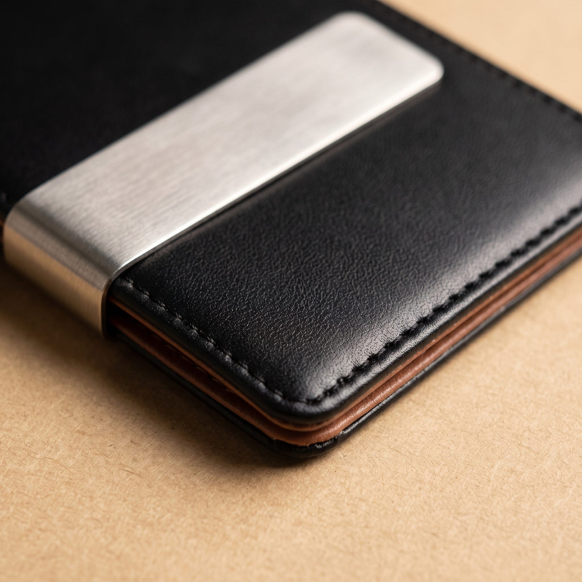 Close-up of the stitched edge and the money clip