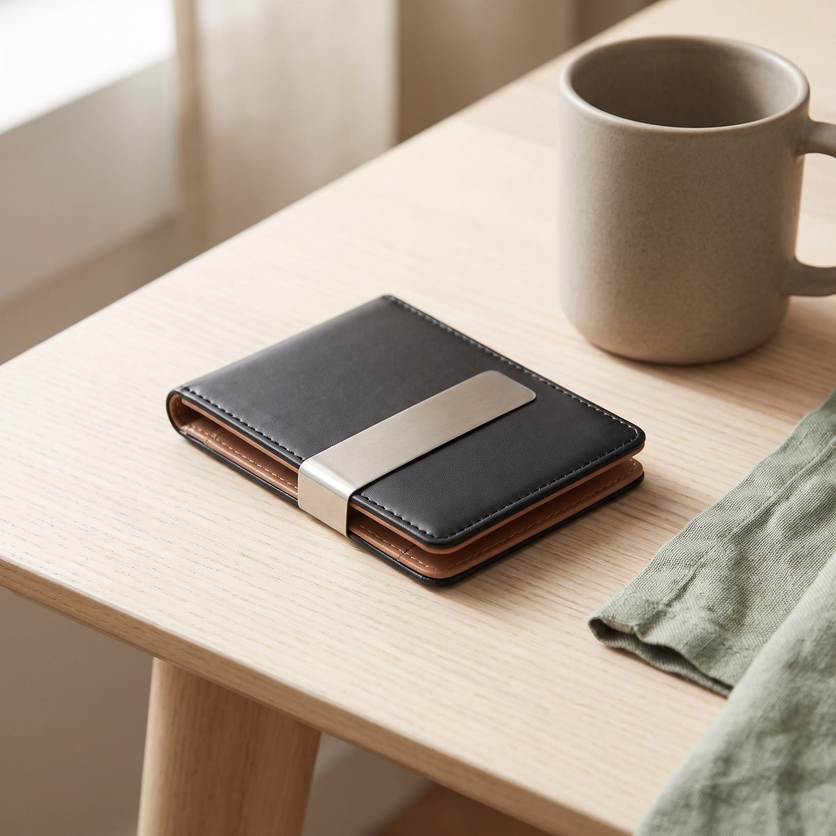 Slim Faux Leather Bifold with Money Clip on a wooden desk beside a mug