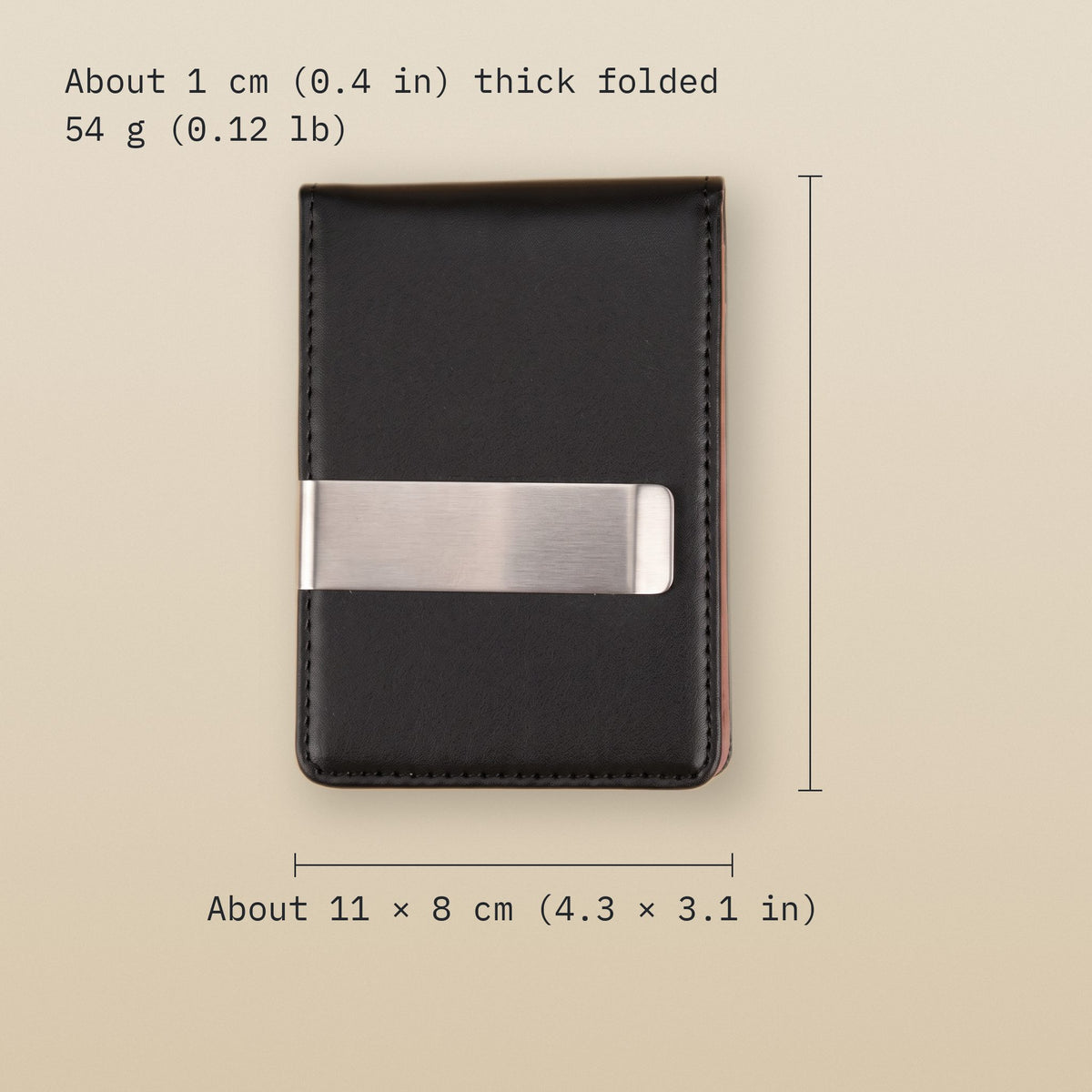 Slim bifold wallet size: about 11 × 8 cm (4.3 × 3.1 in), about 1 cm (0.4 in) thick folded, 54 g (0.12 lb).